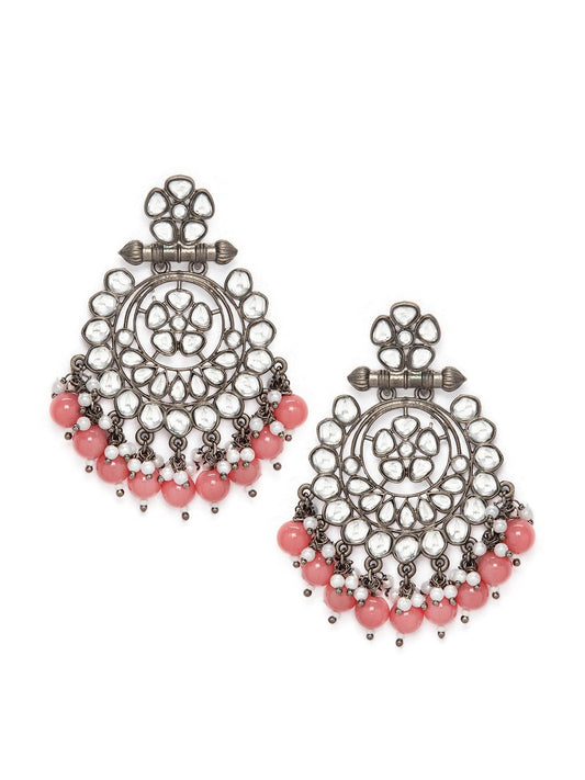 Rubans Black Metal Kundan Statement Chandbali Earrings Pink