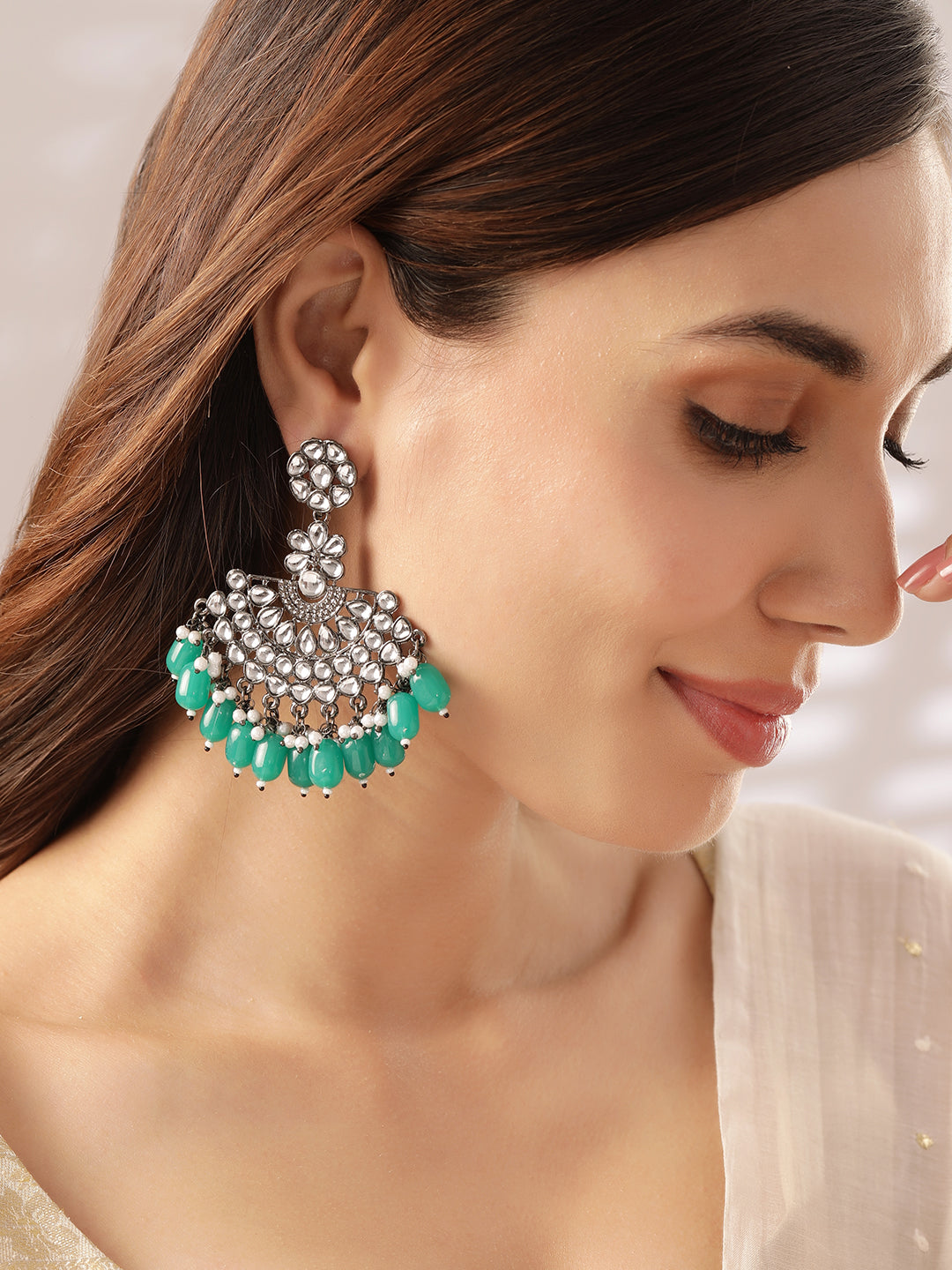 Rubans Black Metal Kundan  Statement Chandbali Earrings Green