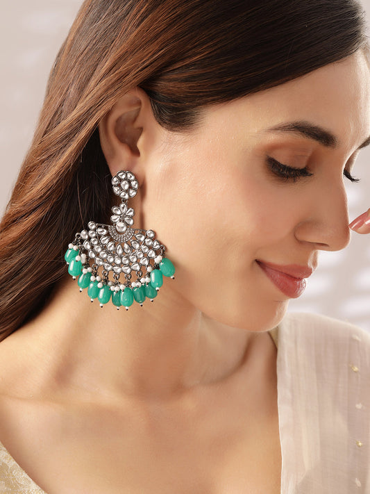 Rubans Black Metal Kundan  Statement Chandbali Earrings Green