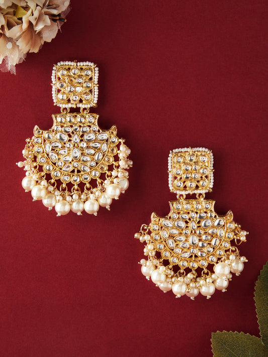 Rubans 18K Gold-Plated Handcrafted Kundan-Studded Long Chandbalis with Off-White Pearl-Beaded Gold