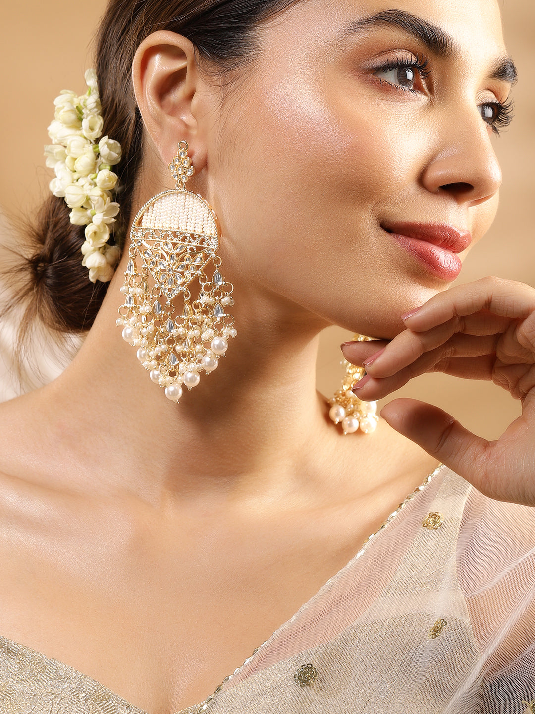 Rubans 18K Gold Plated Kundan Work and Off-White Pearl Beaded Handcrafted Big Chandelier Gold
