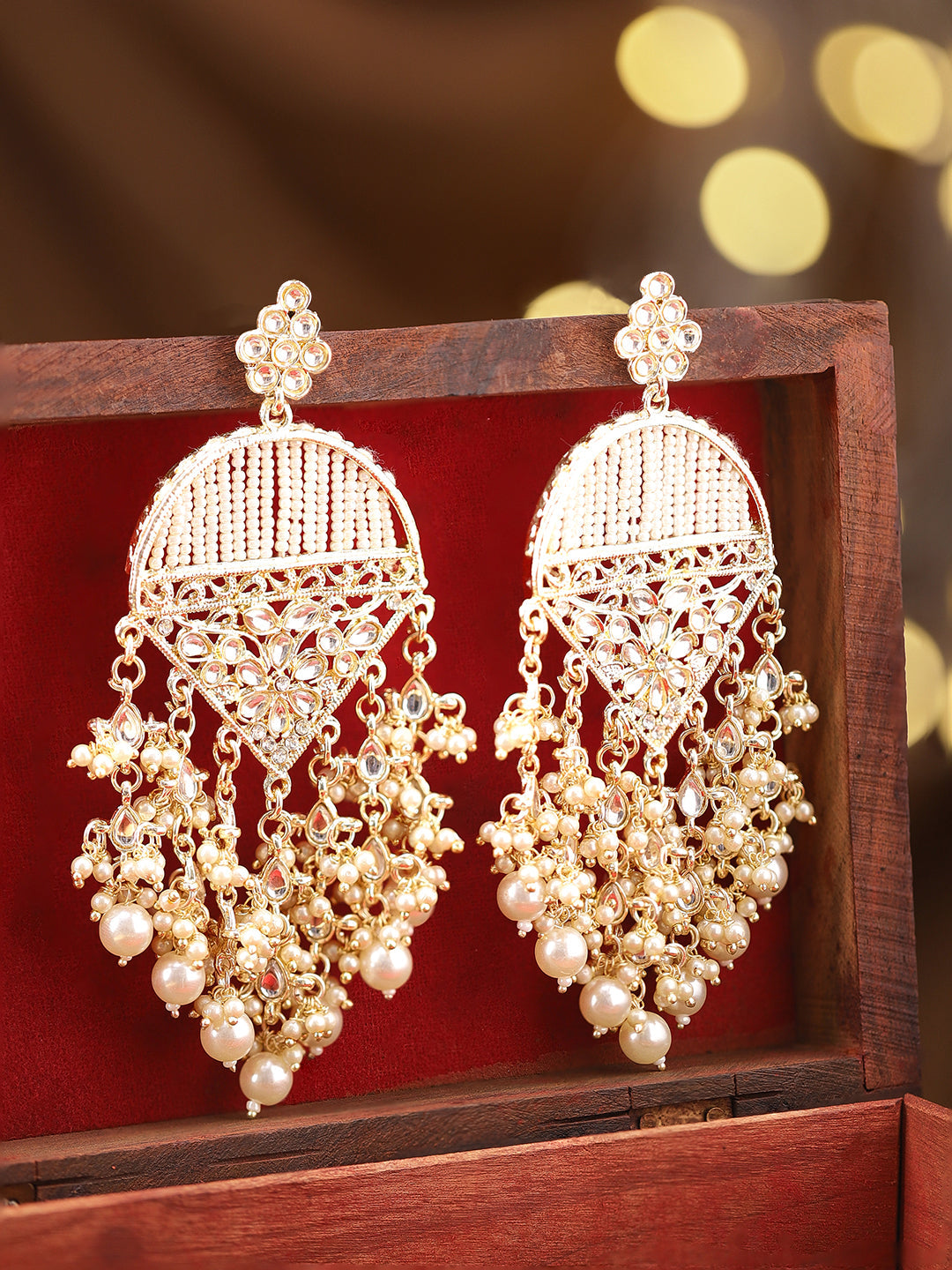 Rubans 18K Gold Plated Kundan Work and Off-White Pearl Beaded Handcrafted Big Chandelier Gold