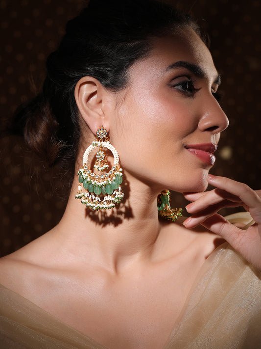 【Rubans】 22K Gold-Plated Heritage Pearl & Green Beads Chandbali Danglers｜22K ゴールドメッキ パール＆グリーンビーズ チャンドバリ ダングラー
