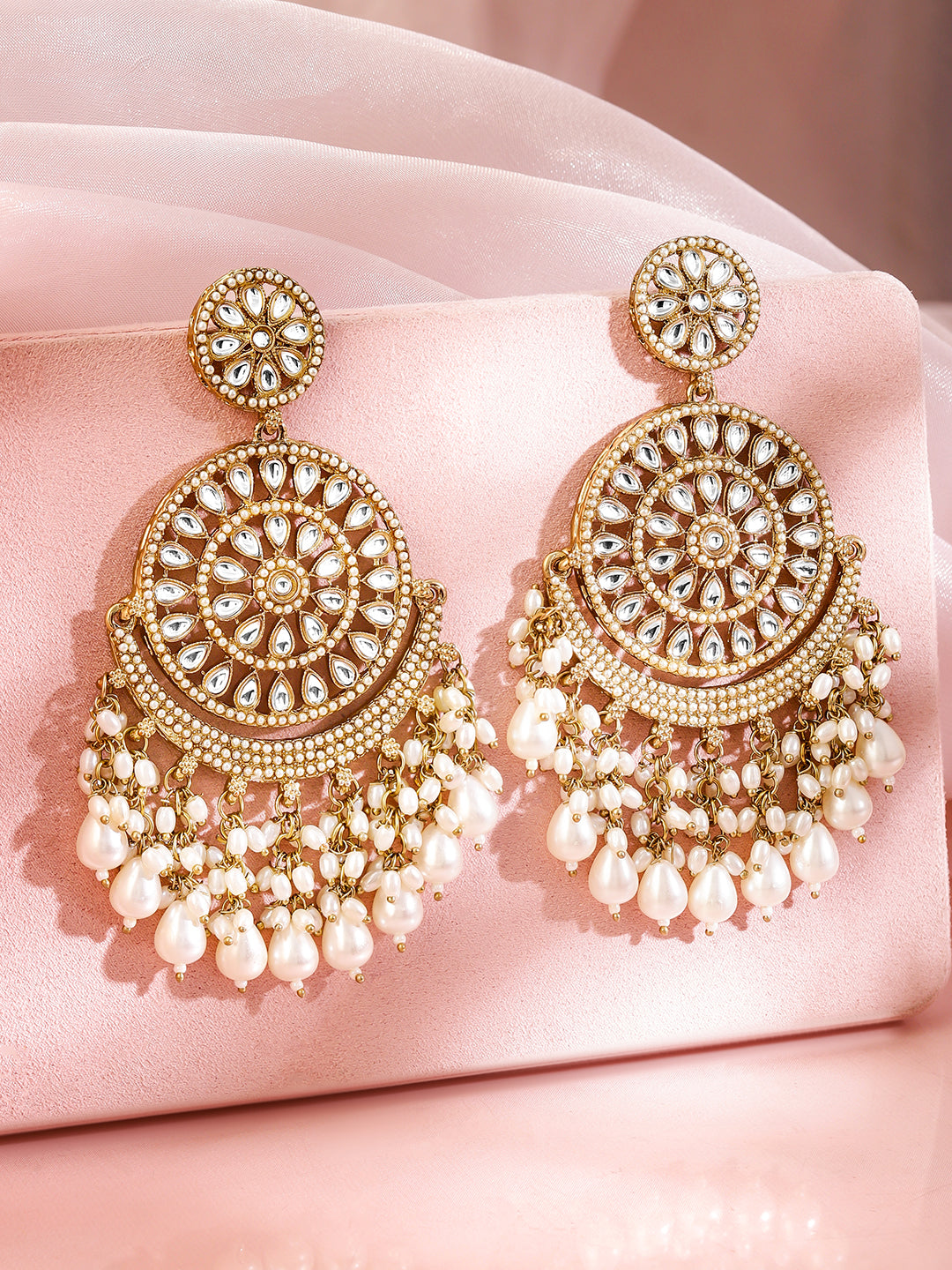 Stylish Ivory Tone Kundan Pearl Chandbali Gold