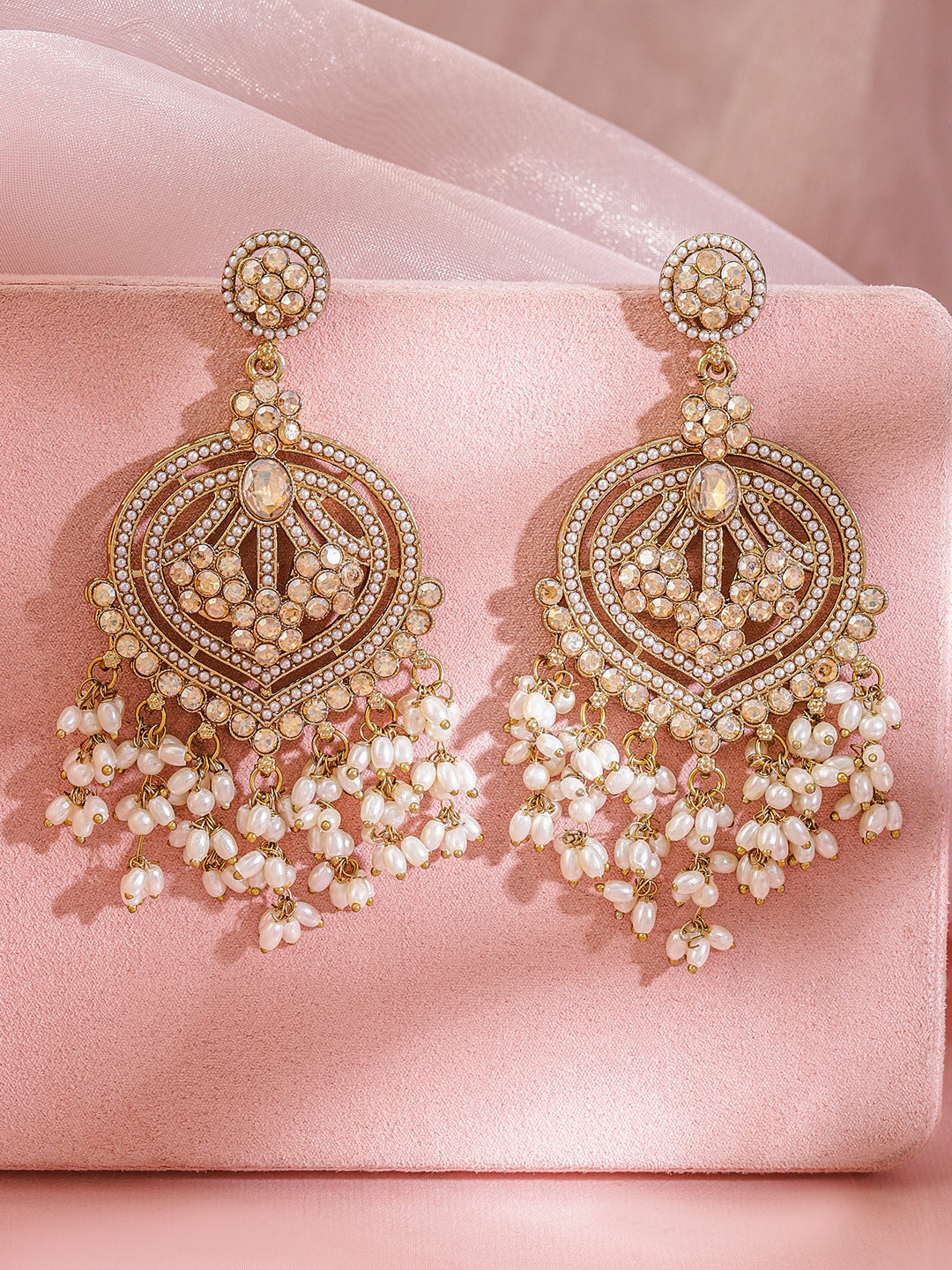 Champagne Bliss American Diamond Zirconia Pearl Danglers Gold