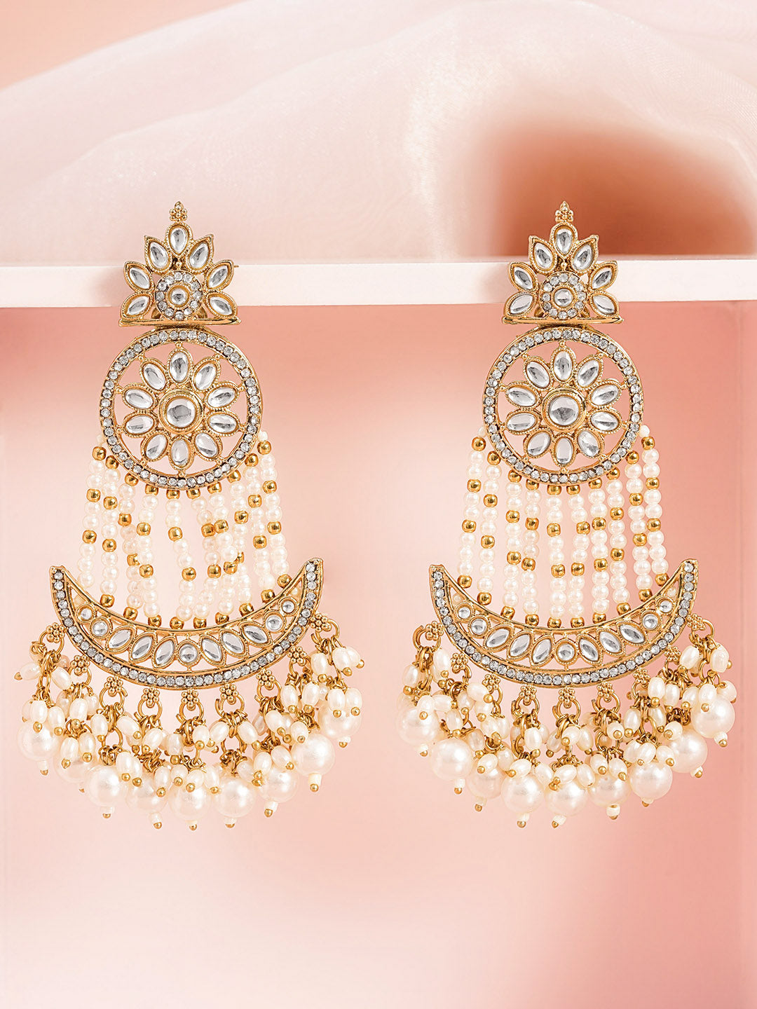 Moonlit Pearl Chandbali Glow Earrings Length - 11 cm