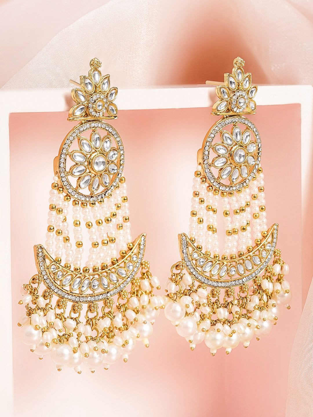 Moonlit Pearl Chandbali Glow Earrings Length - 11 cm