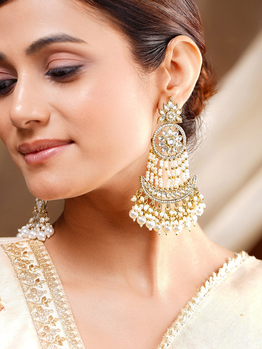 Moonlit Pearl Chandbali Glow Earrings Length - 11 cm