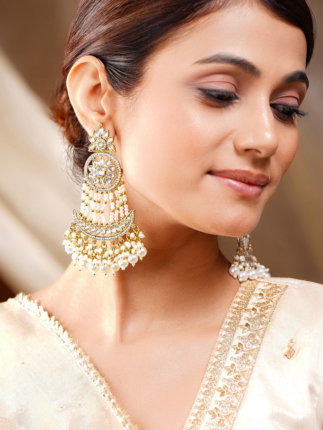 Moonlit Pearl Chandbali Glow Earrings Length - 11 cm