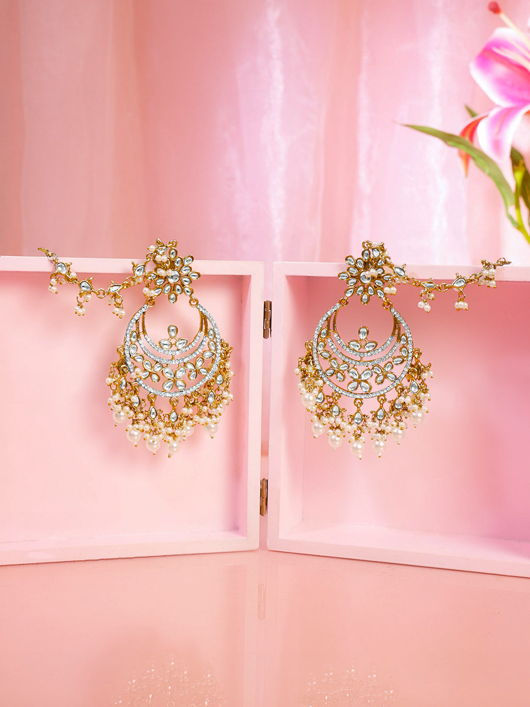 Pearl Cluster Kundan Chandbali with Ear Chain フリーサイズ