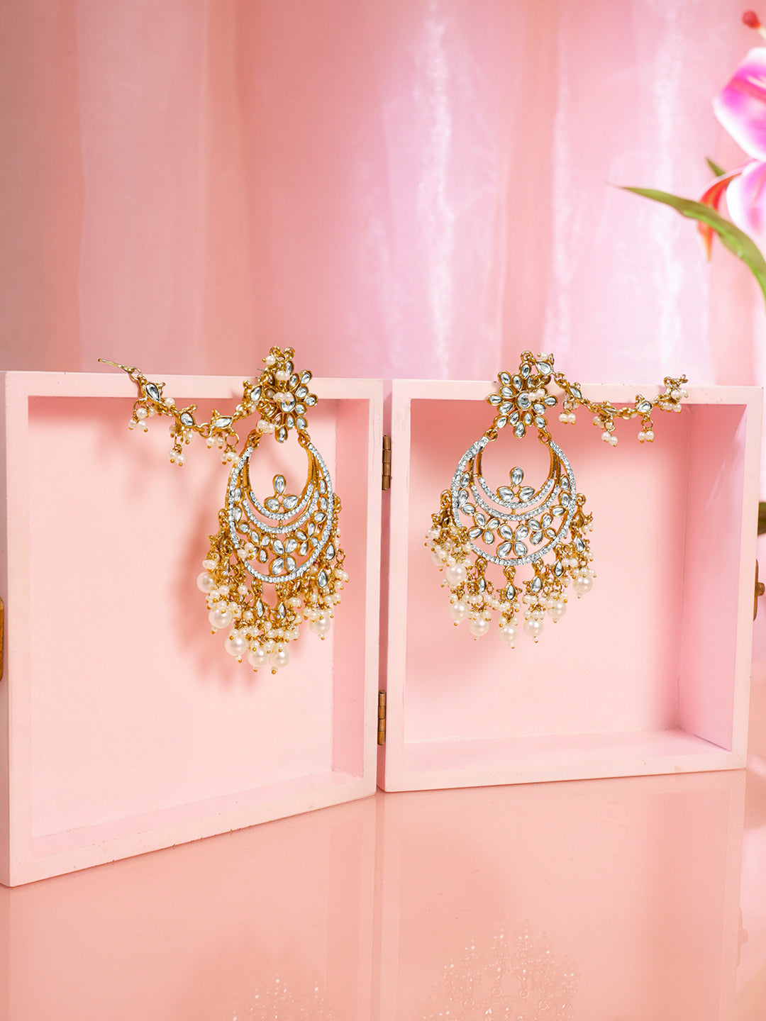 Pearl Cluster Kundan Chandbali with Ear Chain フリーサイズ