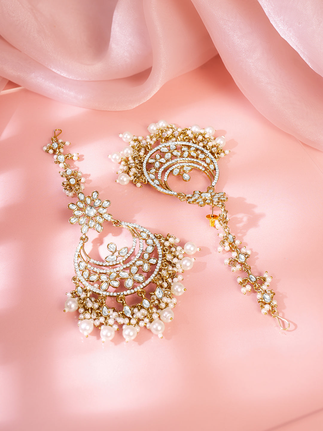 Pearl Cluster Kundan Chandbali with Ear Chain フリーサイズ