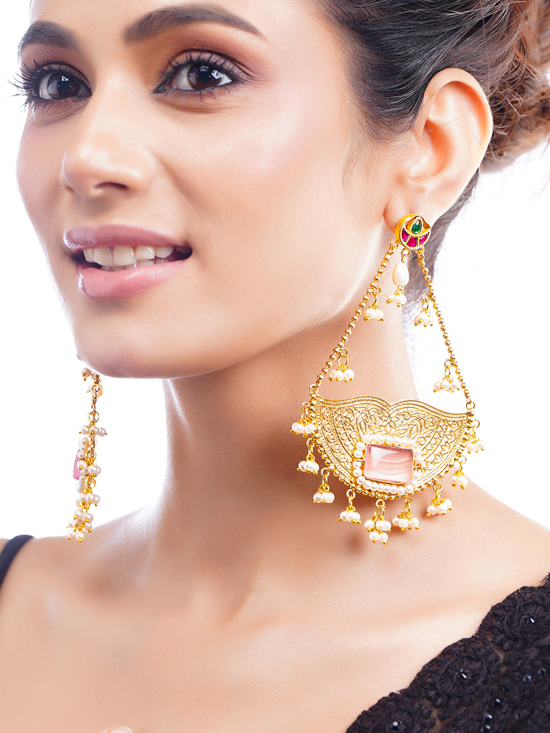 【Rubans】 Gold Plated Pastel Pink Pearl Kashmiri Dangler Earrings｜ゴールドメッキ パステルピンク パール カシミーリ ダングラー イヤリング