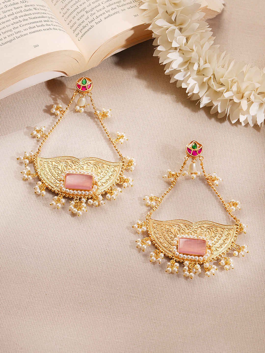 【Rubans】 Gold Plated Pastel Pink Pearl Kashmiri Dangler Earrings｜ゴールドメッキ パステルピンク パール カシミーリ ダングラー イヤリング