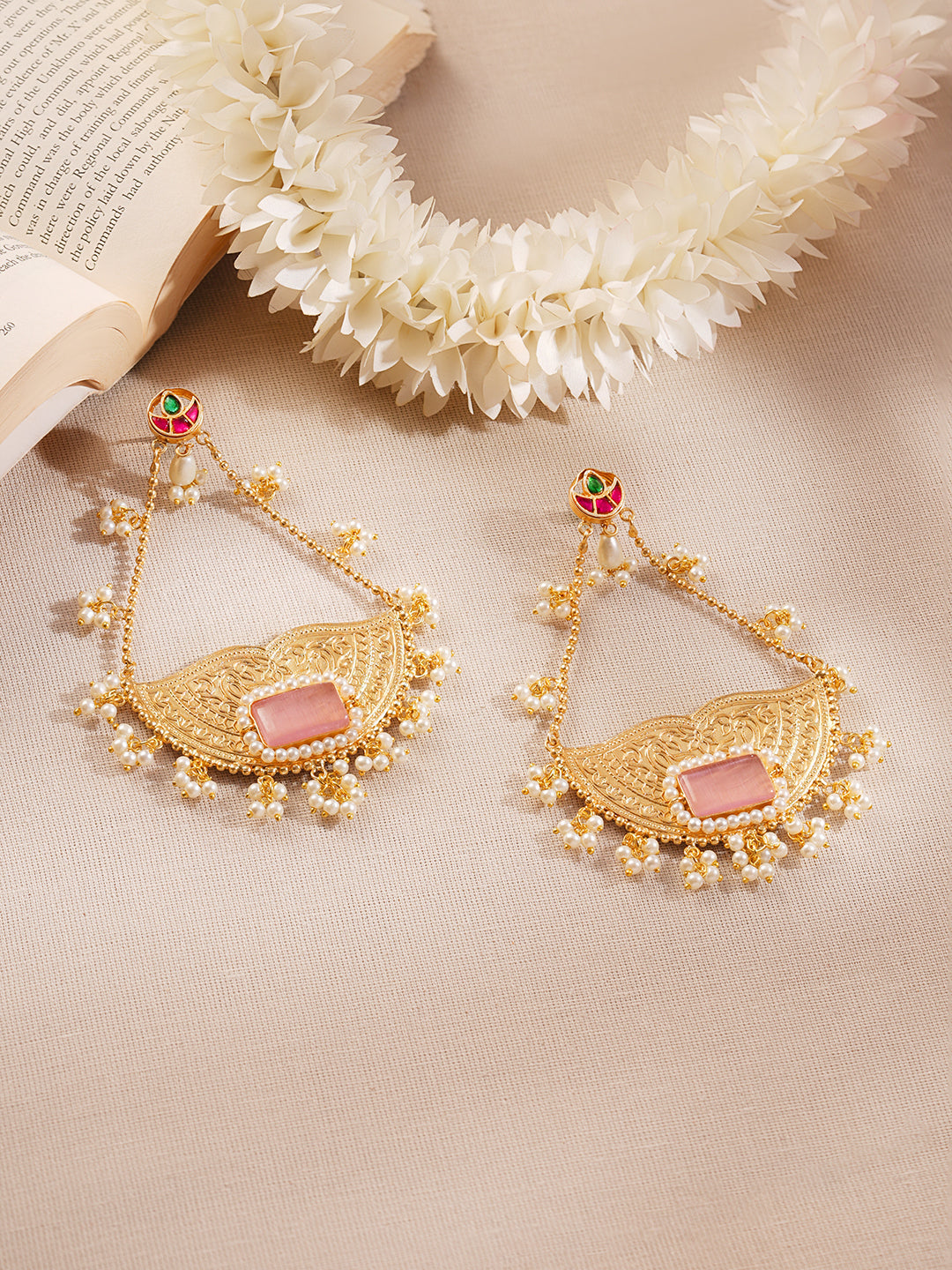 【Rubans】 Gold Plated Pastel Pink Pearl Kashmiri Dangler Earrings｜ゴールドメッキ パステルピンク パール カシミーリ ダングラー イヤリング