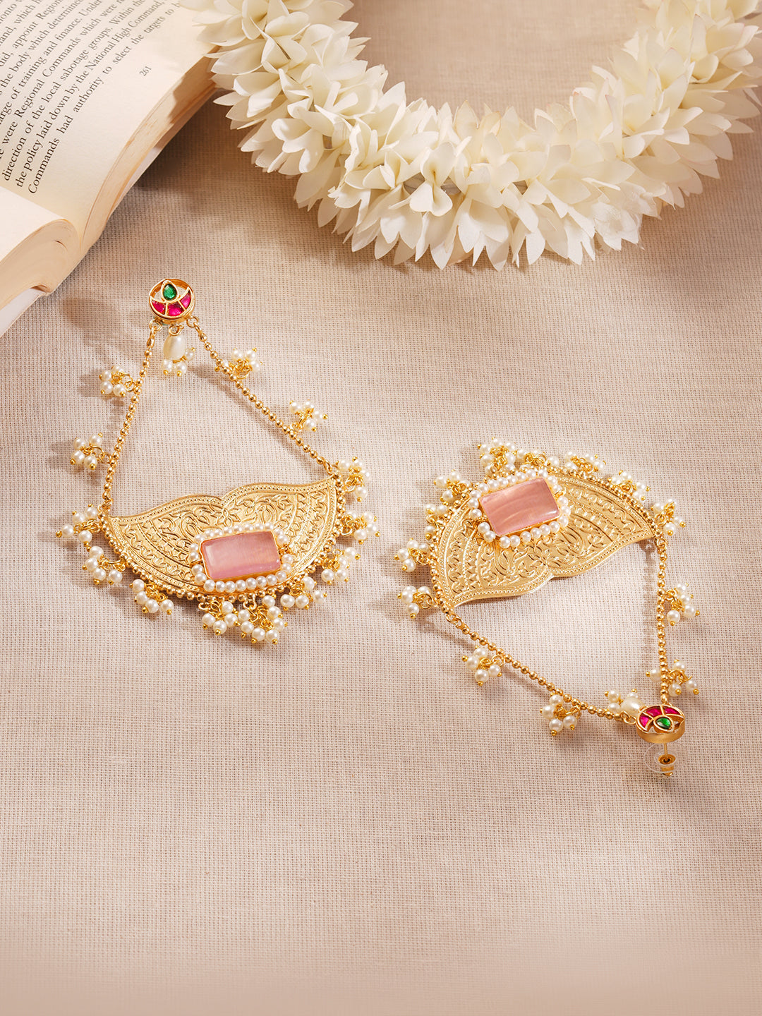 【Rubans】 Gold Plated Pastel Pink Pearl Kashmiri Dangler Earrings｜ゴールドメッキ パステルピンク パール カシミーリ ダングラー イヤリング