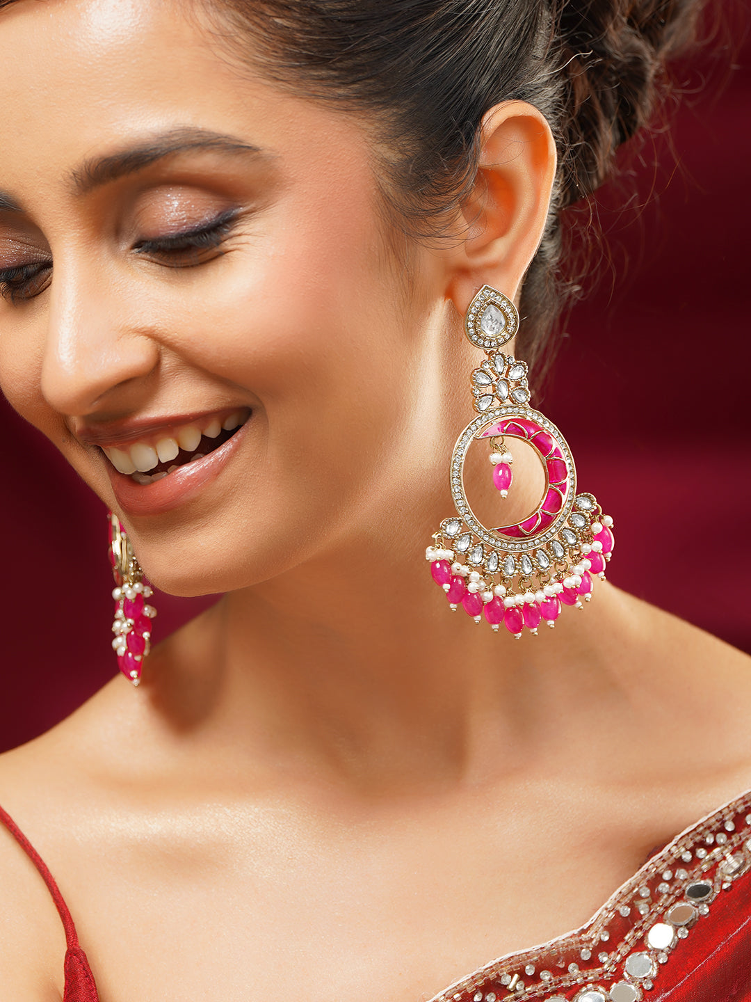 【Rubans】 Rhodium Plated Pearl Beaded Kundan Pink Chandbali Earrings｜ロジウムメッキ パールビーズ クンダン ピンク シャンドバリ イヤリング