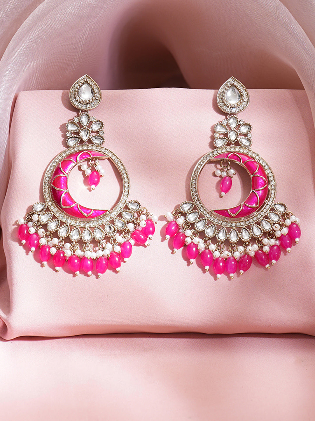 【Rubans】 Rhodium Plated Pearl Beaded Kundan Pink Chandbali Earrings｜ロジウムメッキ パールビーズ クンダン ピンク シャンドバリ イヤリング