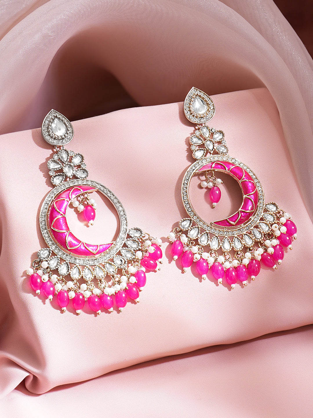 【Rubans】 Rhodium Plated Pearl Beaded Kundan Pink Chandbali Earrings｜ロジウムメッキ パールビーズ クンダン ピンク シャンドバリ イヤリング