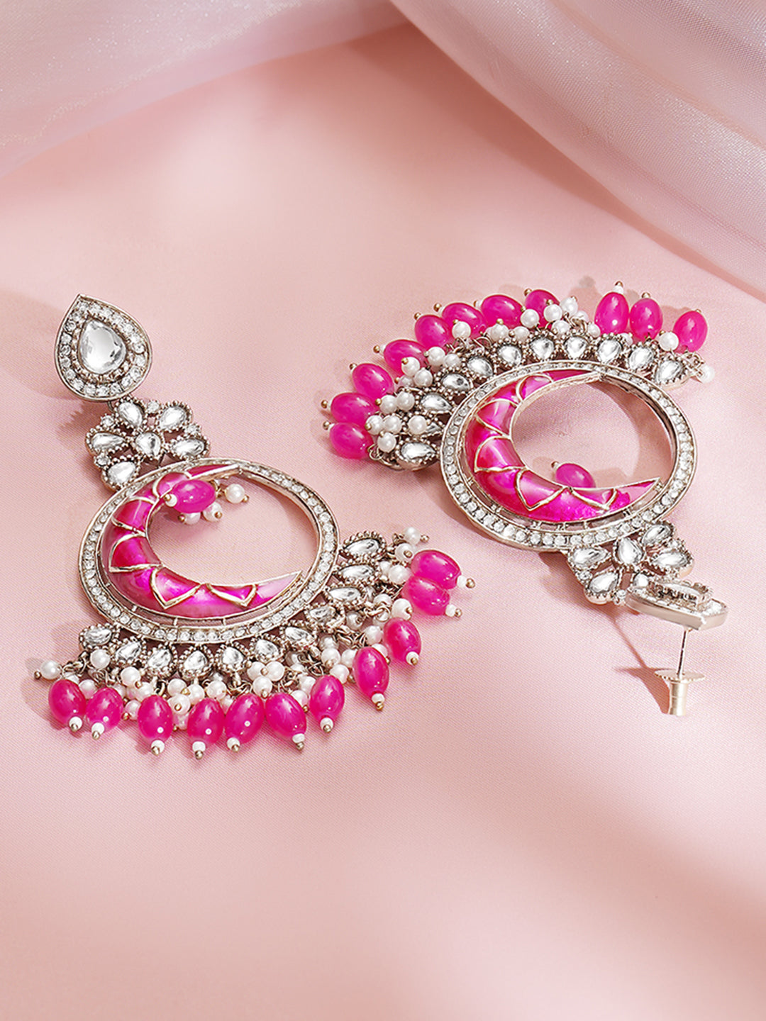 【Rubans】 Rhodium Plated Pearl Beaded Kundan Pink Chandbali Earrings｜ロジウムメッキ パールビーズ クンダン ピンク シャンドバリ イヤリング