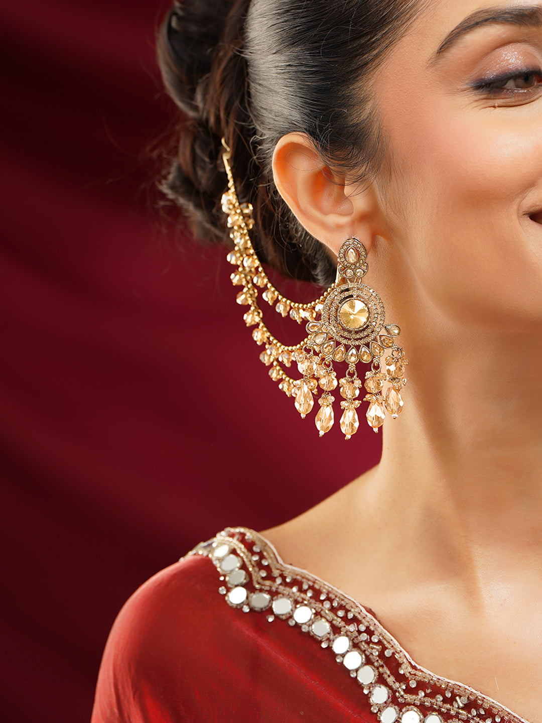 【Rubans】Gold Plated Kundan Drape Jhoomar Chain Earrings｜ゴールドメッキ クンダン ドレープ ジューマー チェーンピアス