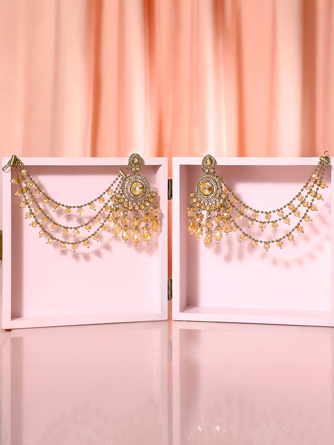 【Rubans】Gold Plated Kundan Drape Jhoomar Chain Earrings｜ゴールドメッキ クンダン ドレープ ジューマー チェーンピアス
