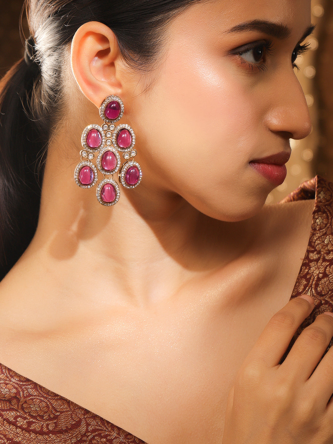Contemporary American Diamond Zirconia Pink Danglers フリーサイズ