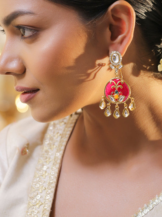 Pink & White Teardrop Kundan Dangler Earrings フリーサイズ