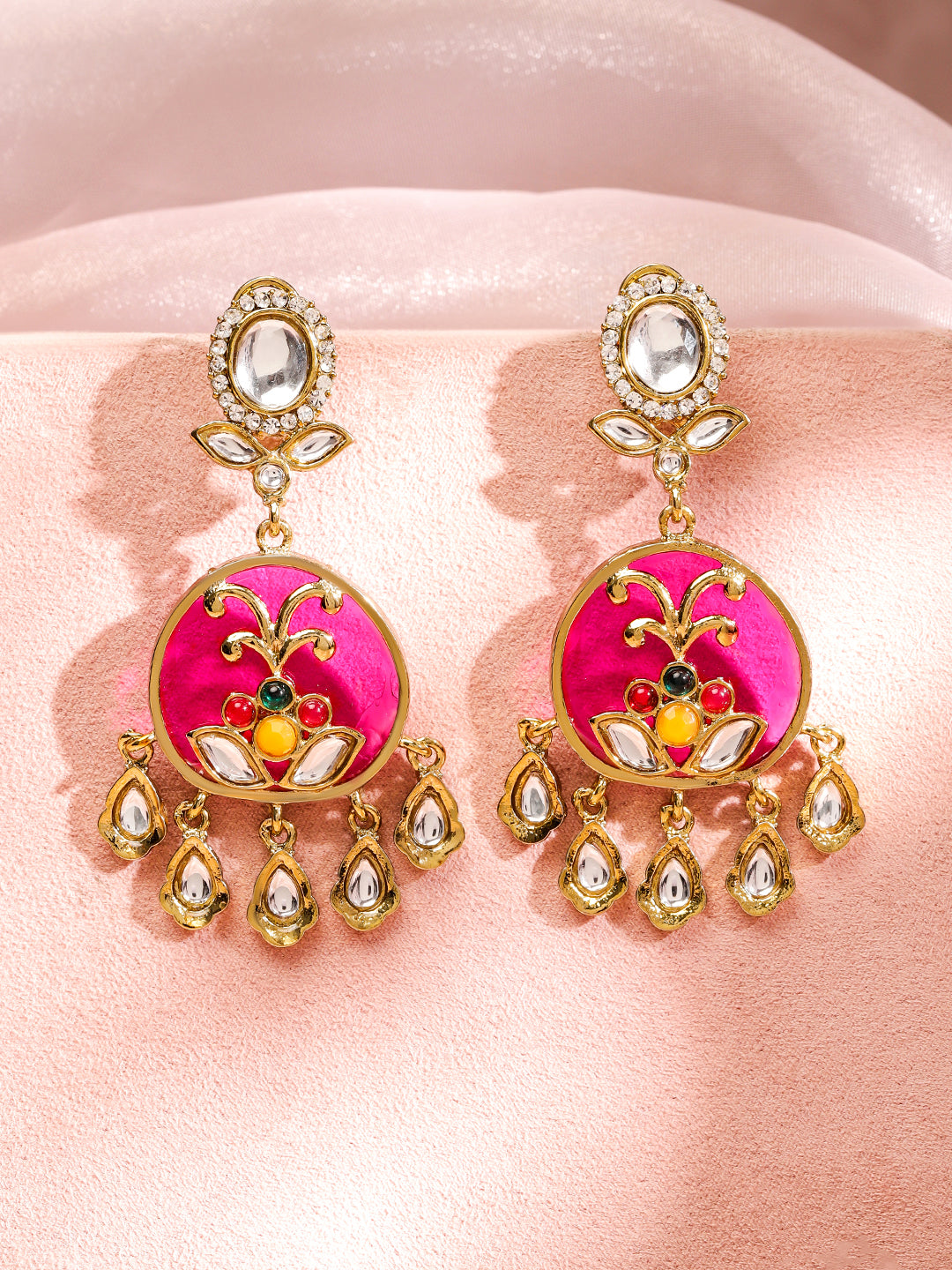 Pink & White Teardrop Kundan Dangler Earrings フリーサイズ