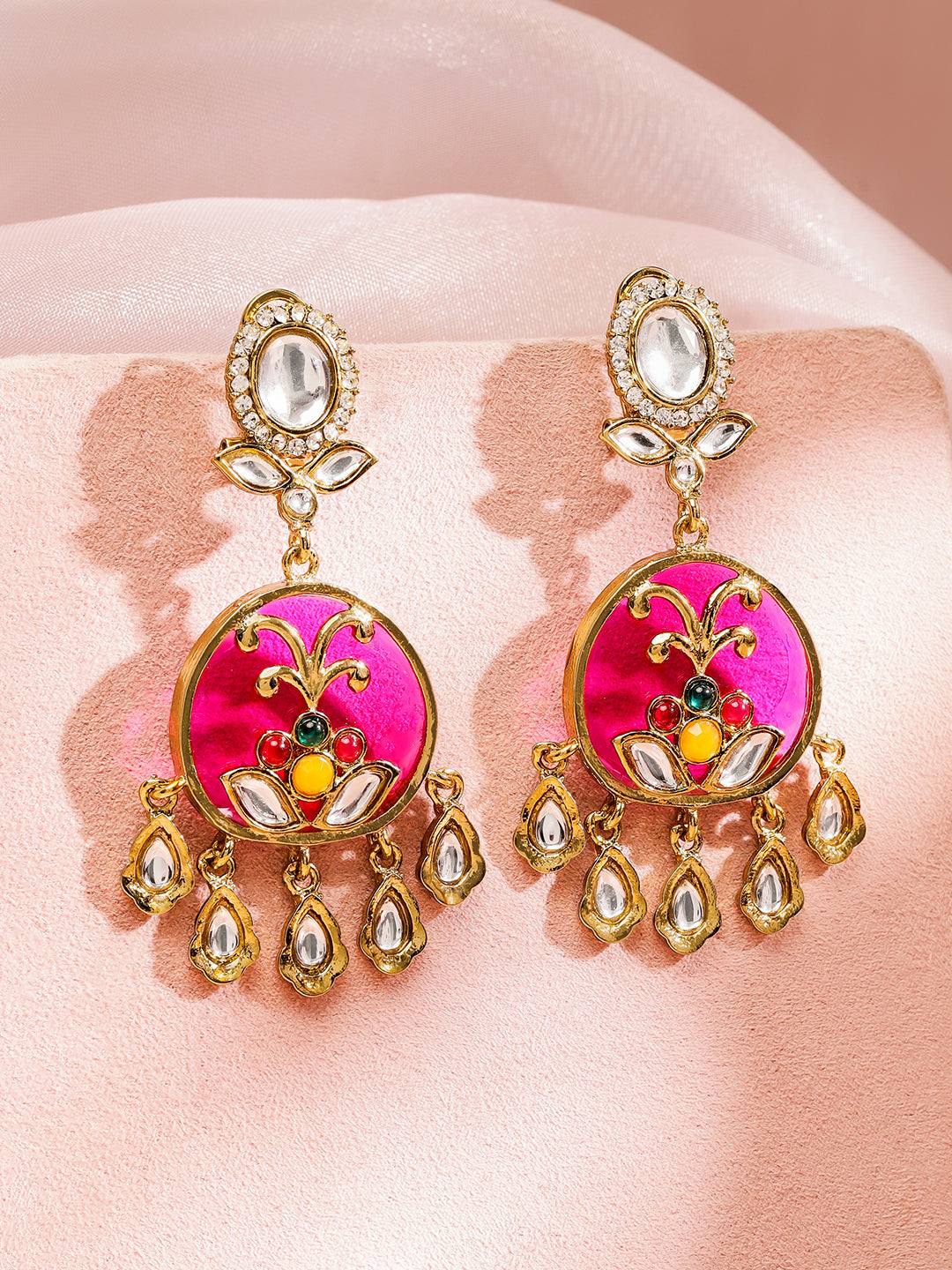 Pink & White Teardrop Kundan Dangler Earrings フリーサイズ