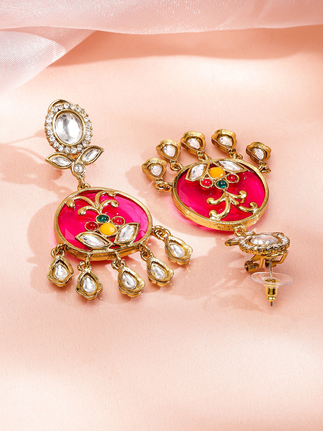 Pink & White Teardrop Kundan Dangler Earrings フリーサイズ
