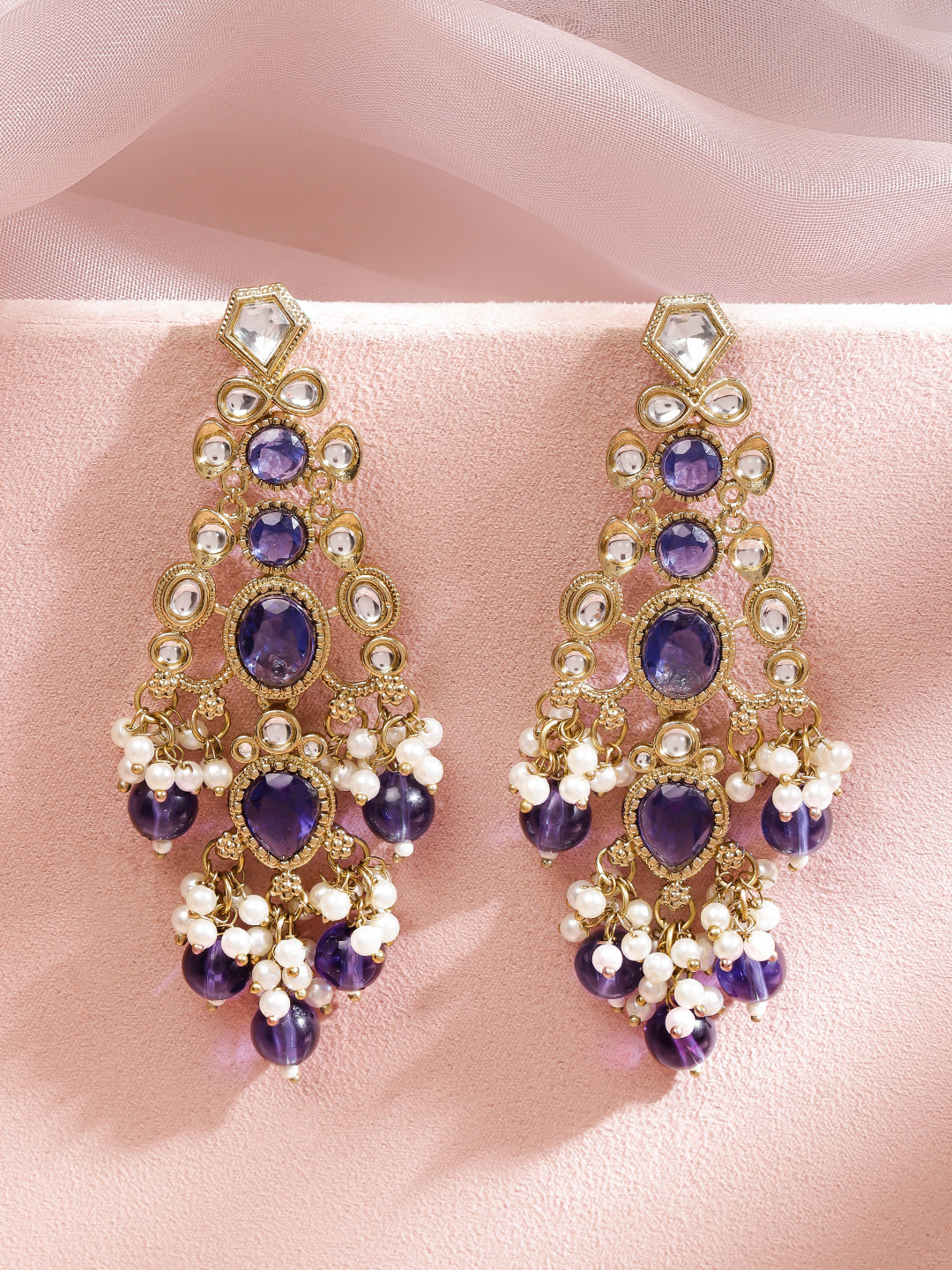 Pearl Embellished Purple Kundan Dangler Earrings フリーサイズ