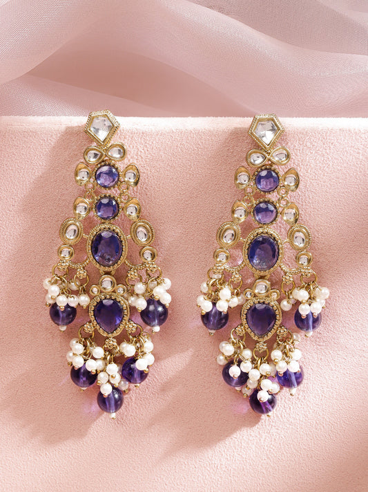 Pearl Embellished Purple Kundan Dangler Earrings フリーサイズ