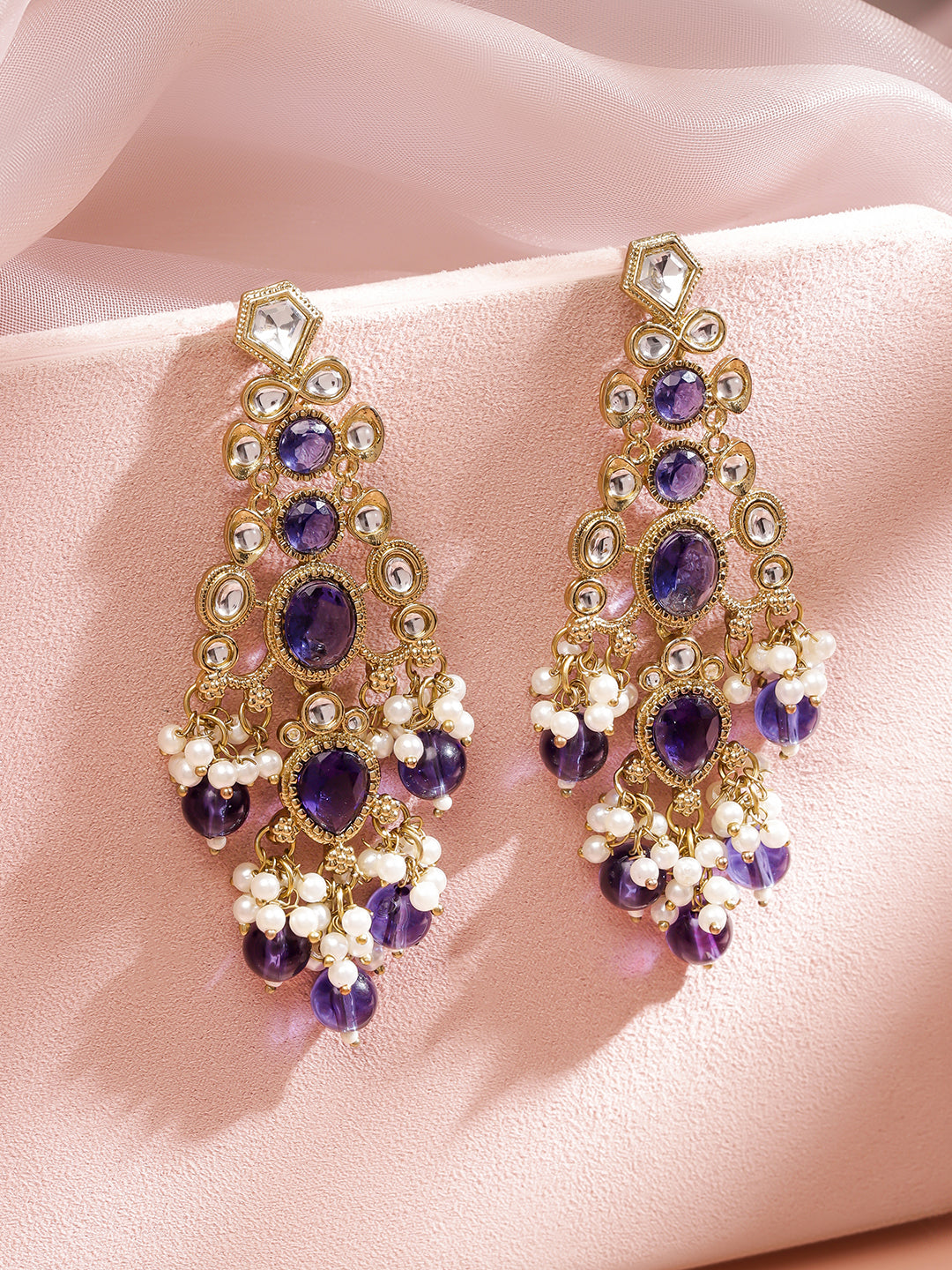 Pearl Embellished Purple Kundan Dangler Earrings フリーサイズ