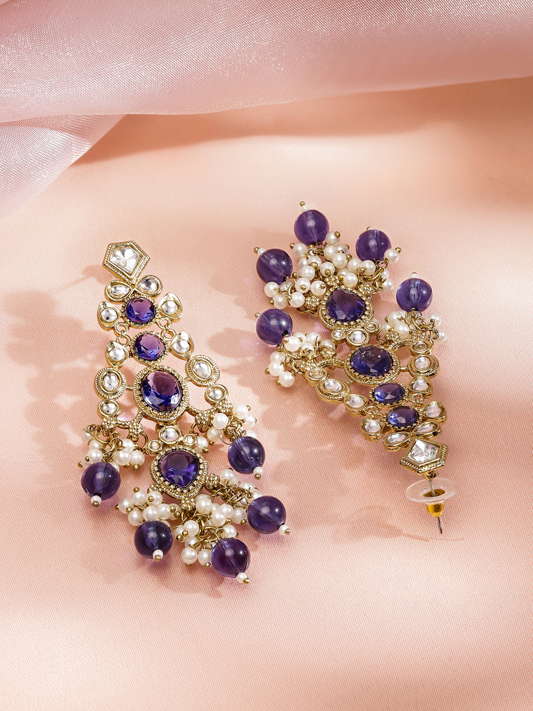 Pearl Embellished Purple Kundan Dangler Earrings フリーサイズ