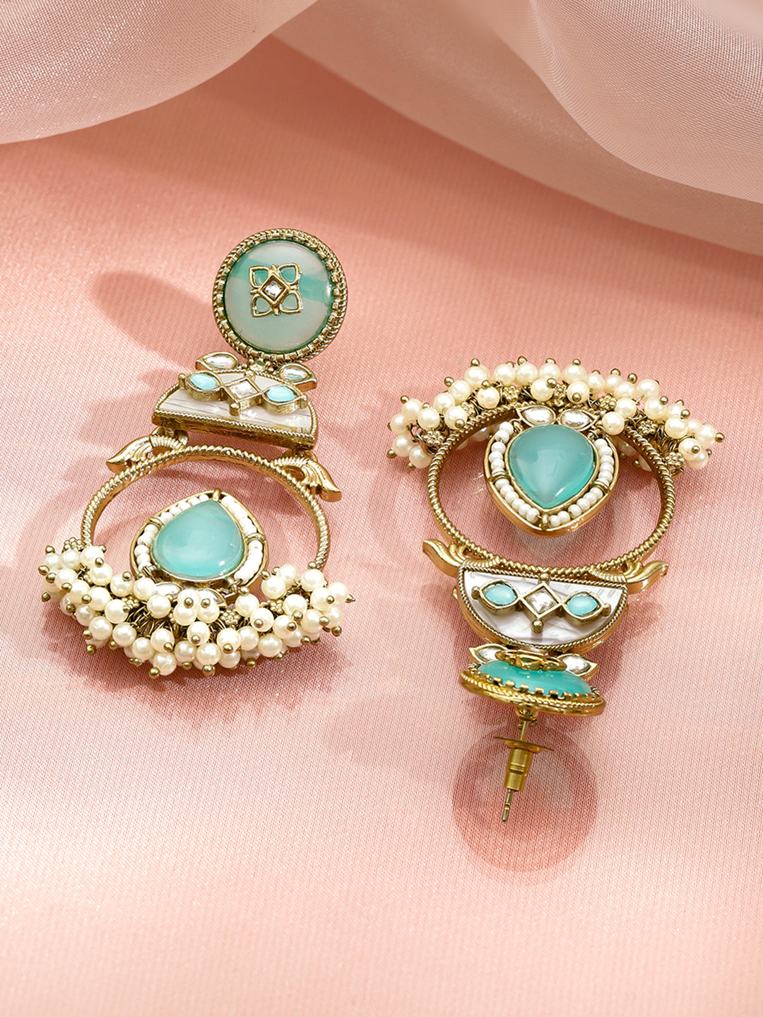 Gold Pearl Beaded Aqua Green Dangler Earrings フリーサイズ