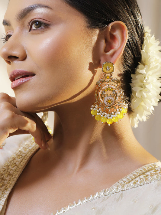Peacock Motif Pearl & Yellow Beaded Dangler Earrings フリーサイズ