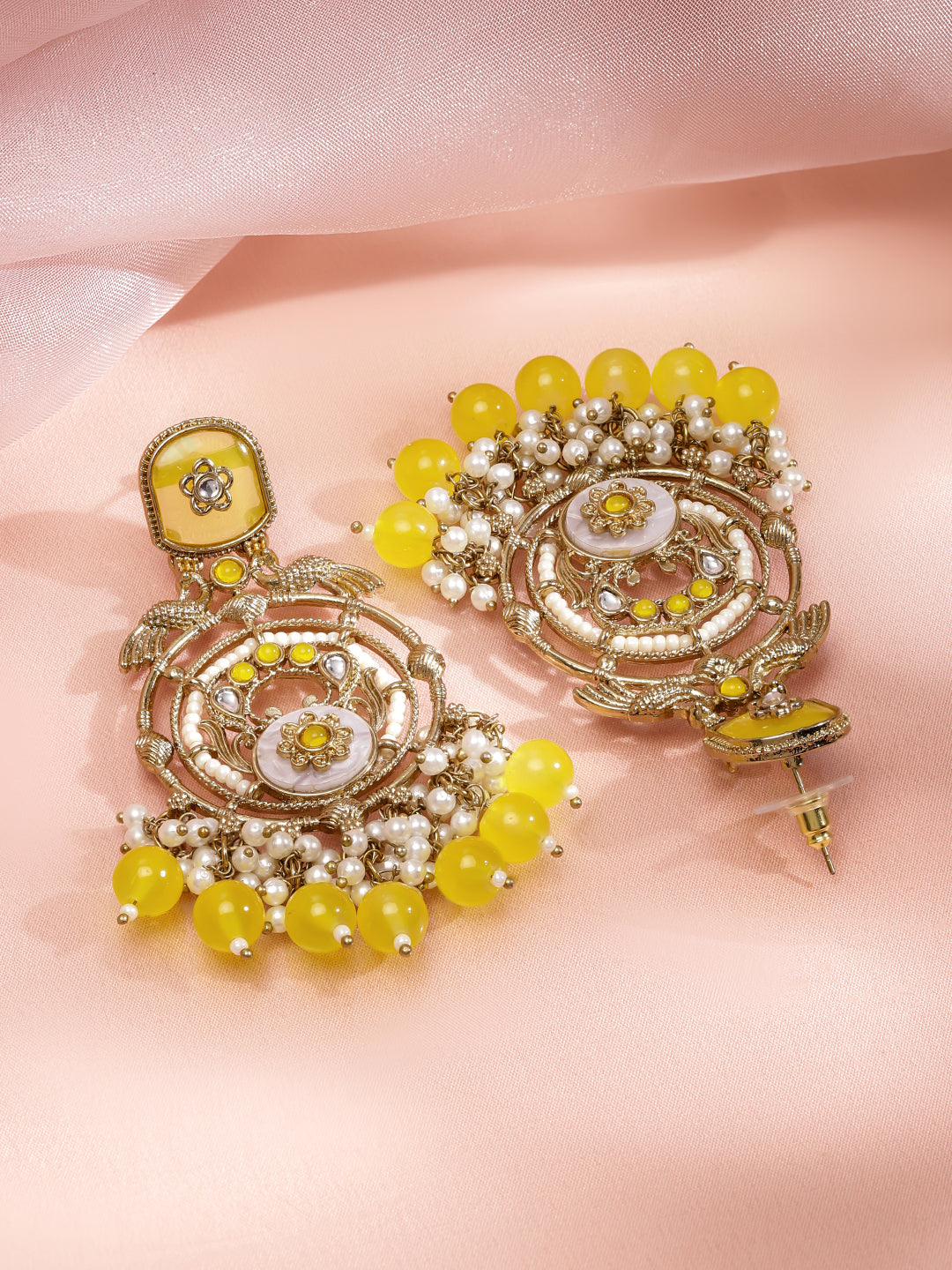Peacock Motif Pearl & Yellow Beaded Dangler Earrings フリーサイズ