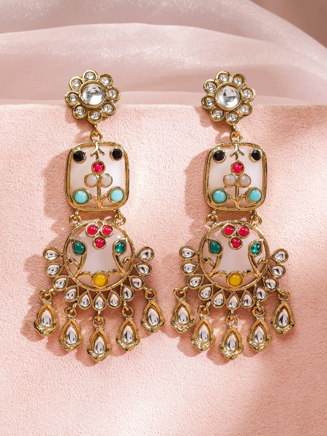 Floral White Teardrop Multicolor Dangler Earrings フリーサイズ