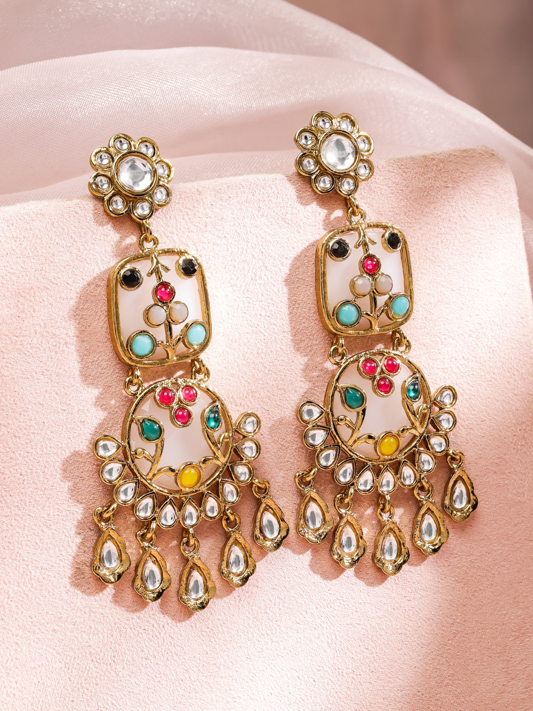 Floral White Teardrop Multicolor Dangler Earrings フリーサイズ