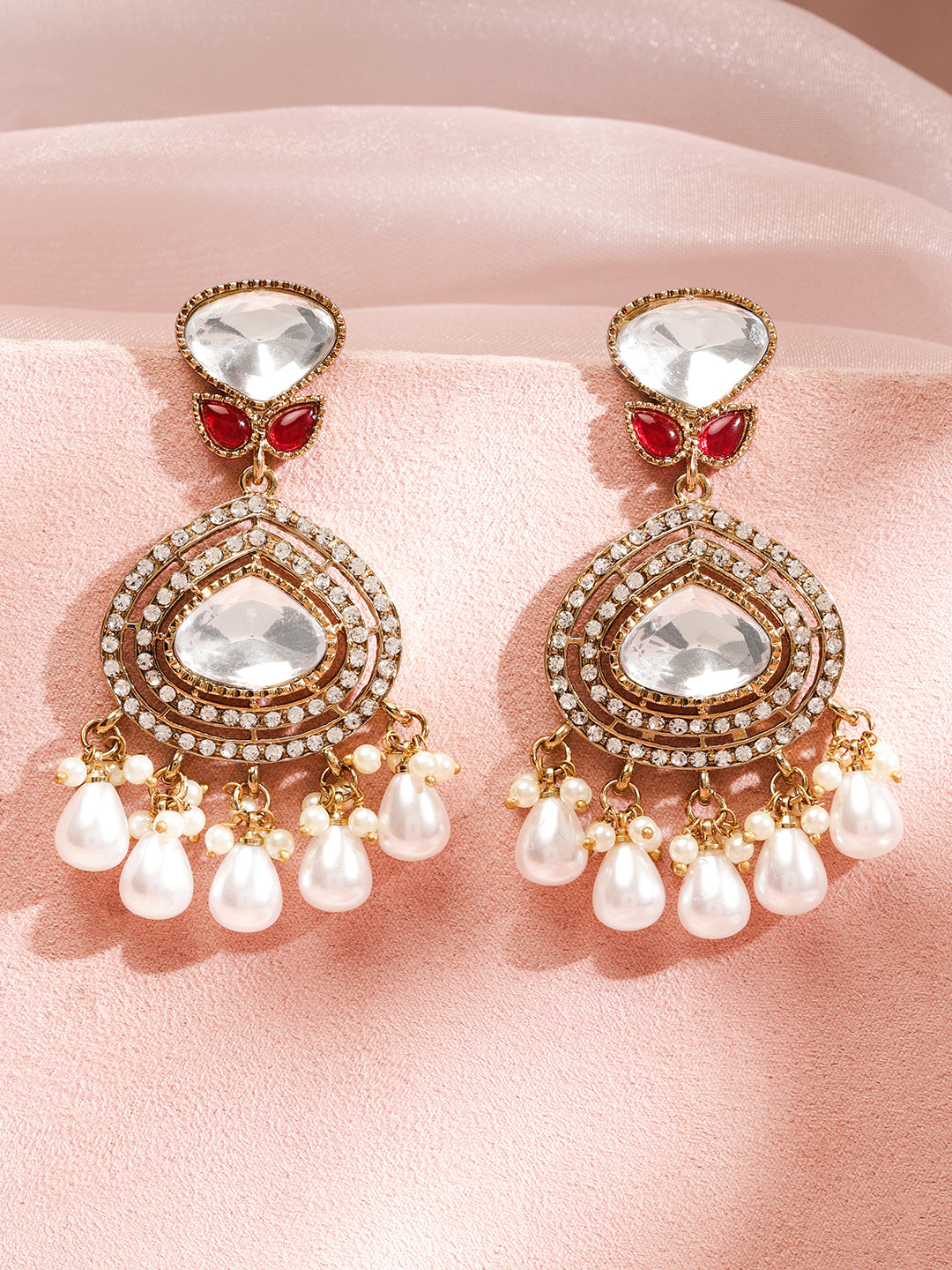 White Studded Kundan Dangler Earrings フリーサイズ
