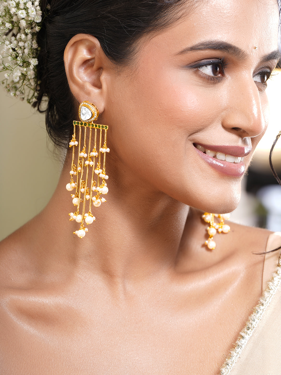 Classic Gold Pearl Cascade Dangler Earrings フリーサイズ