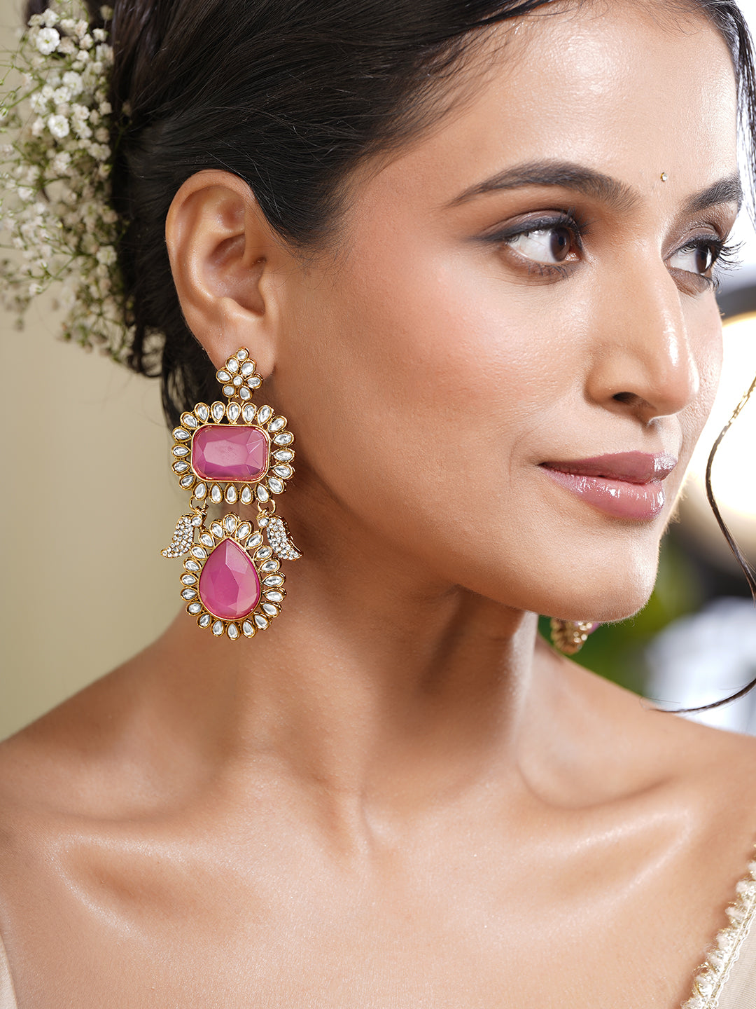 Statement Pink American Diamond Drop Earrings Length - 9 cm