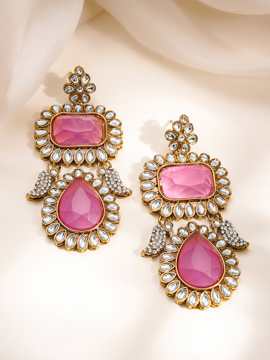 Statement Pink American Diamond Drop Earrings Length - 9 cm