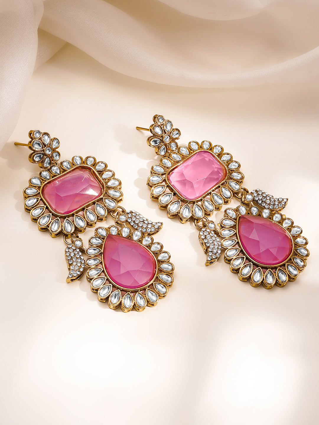 Statement Pink American Diamond Drop Earrings Length - 9 cm