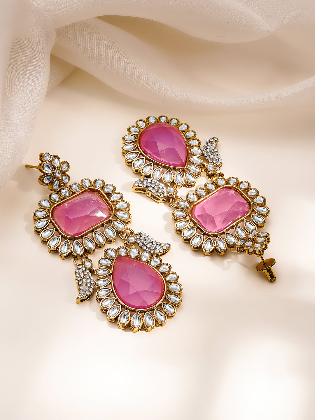 Statement Pink American Diamond Drop Earrings Length - 9 cm