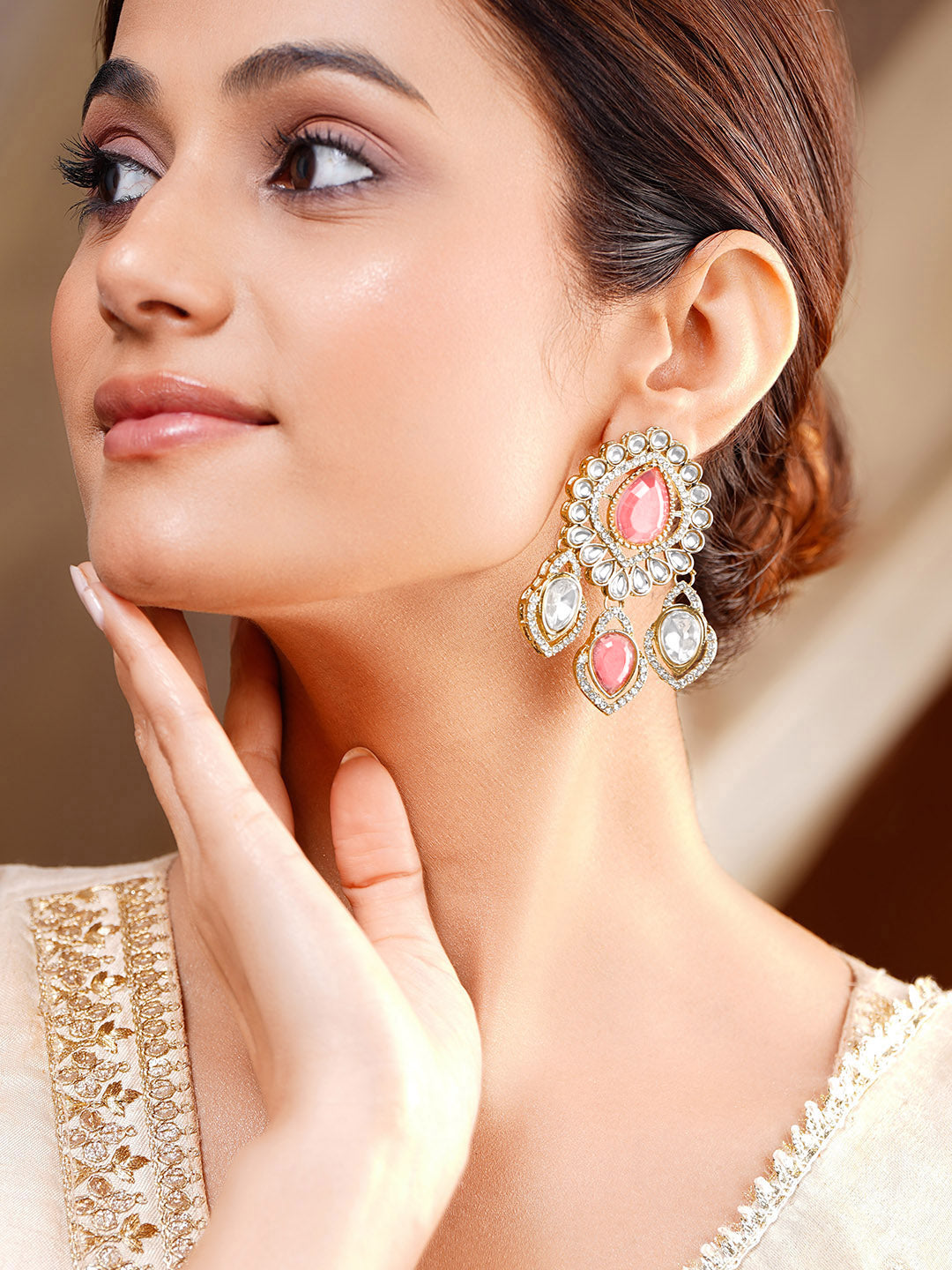 Pink Gemstone Statement Occasion Earrings フリーサイズ