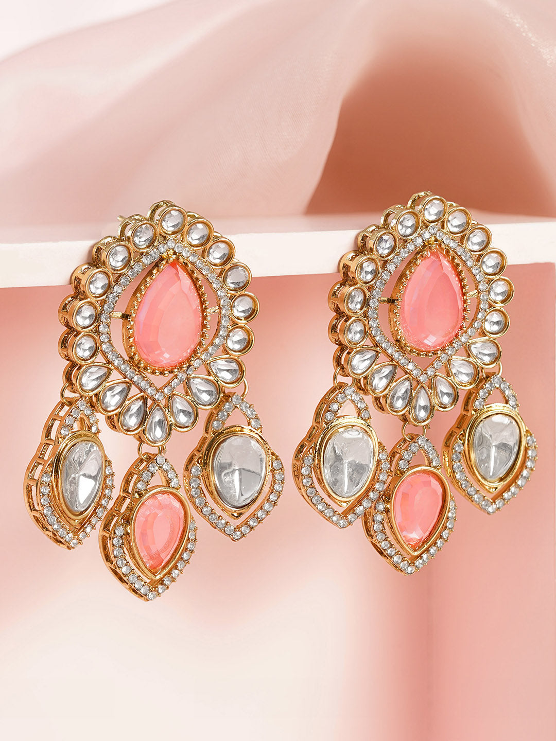 Pink Gemstone Statement Occasion Earrings フリーサイズ
