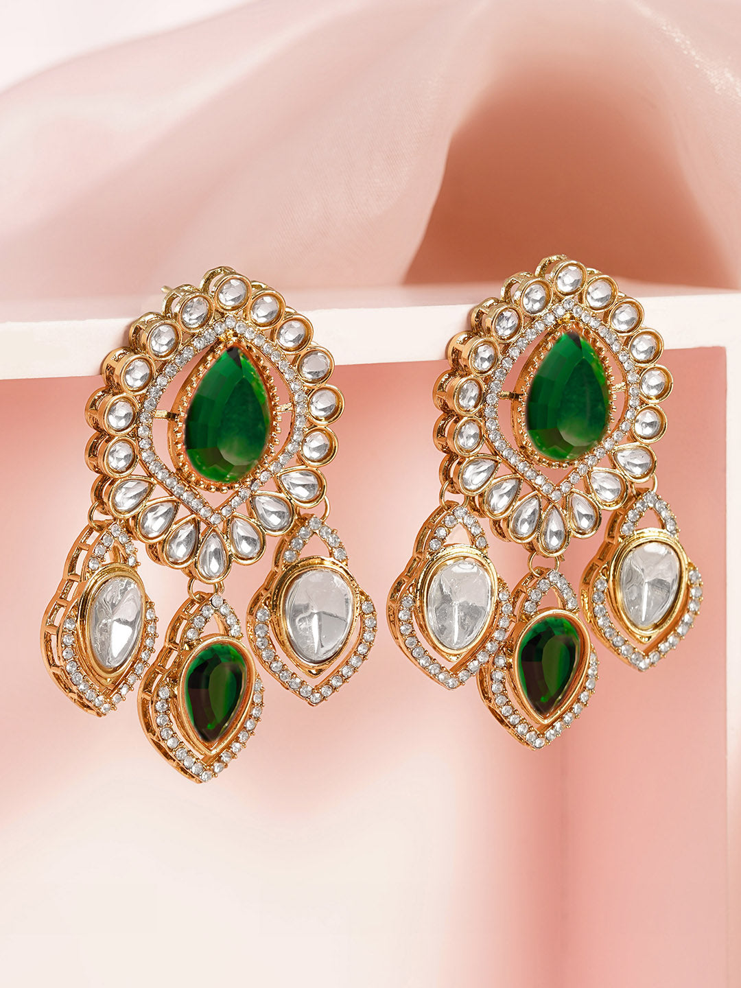 Emerald Gemstone Statement Occasion Earrings フリーサイズ