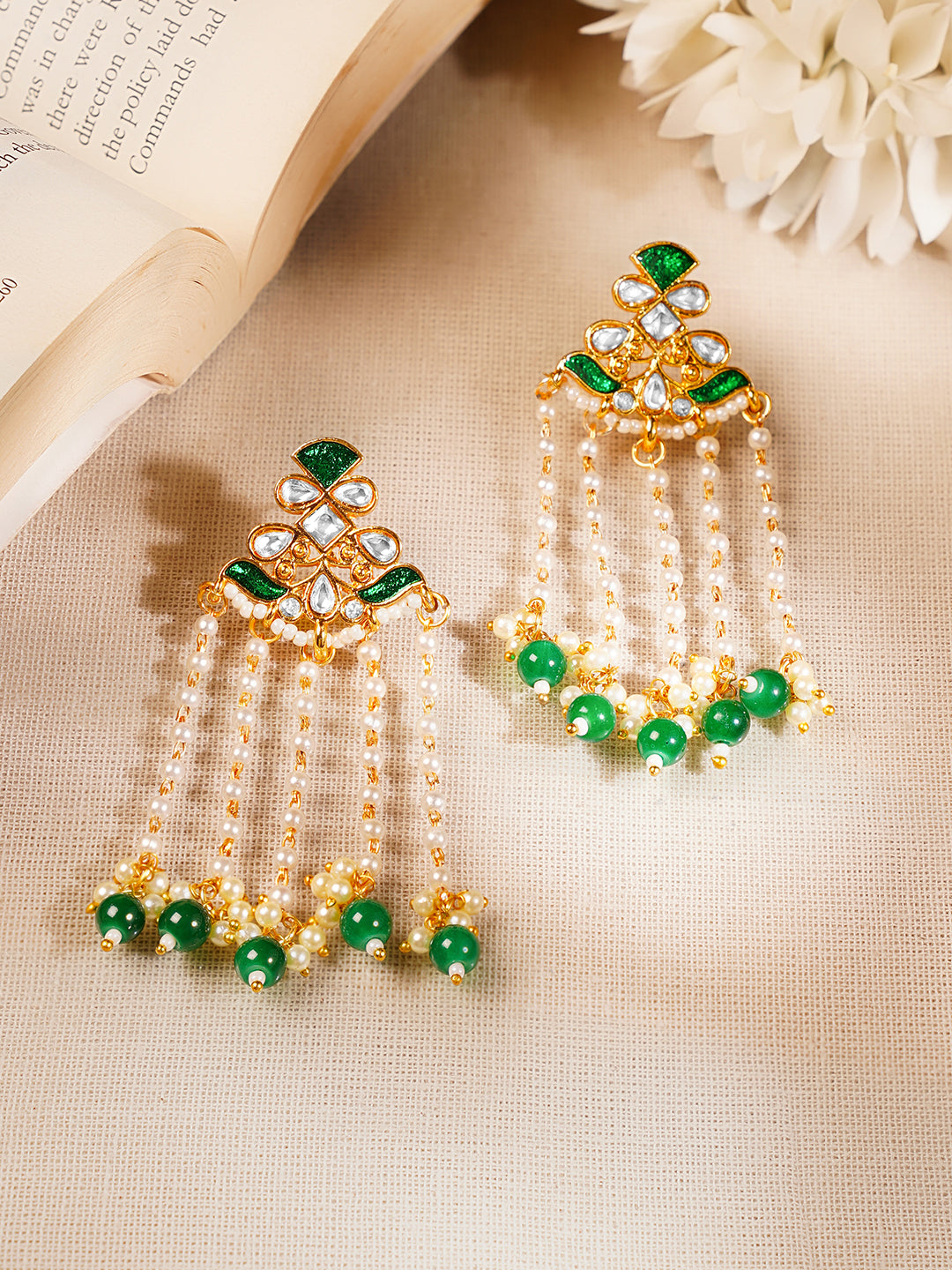 【Rubans】 Gold Plated Pearl & Green Beaded Kundan Dangler Earrings｜ゴールドメッキ パール＆グリーンビーズ クンダン ダングラー イヤリング